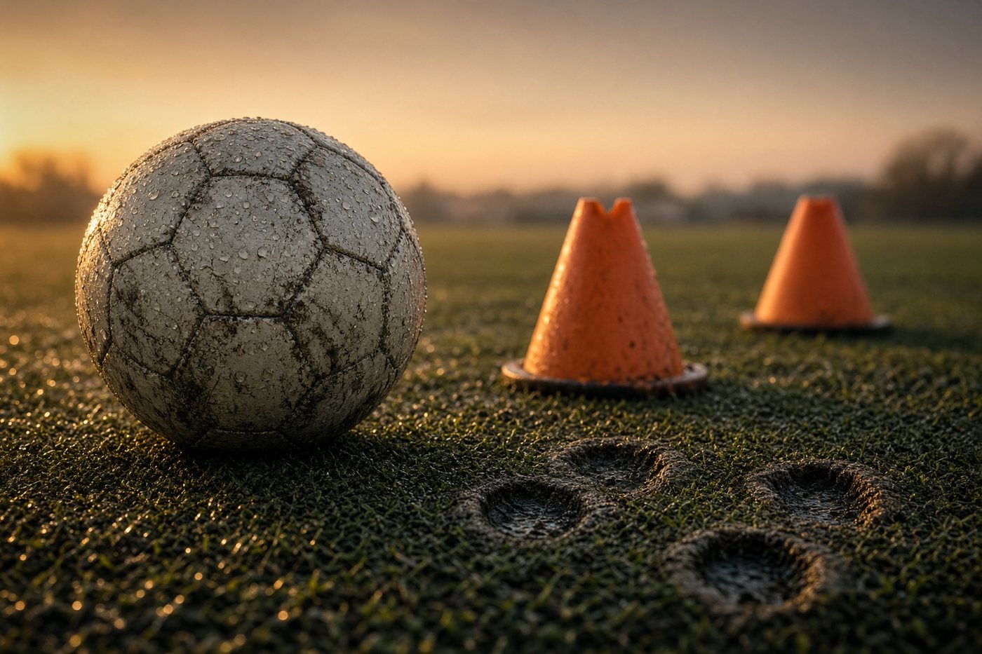 Worn soccer ball and training cones on wet grass at dusk