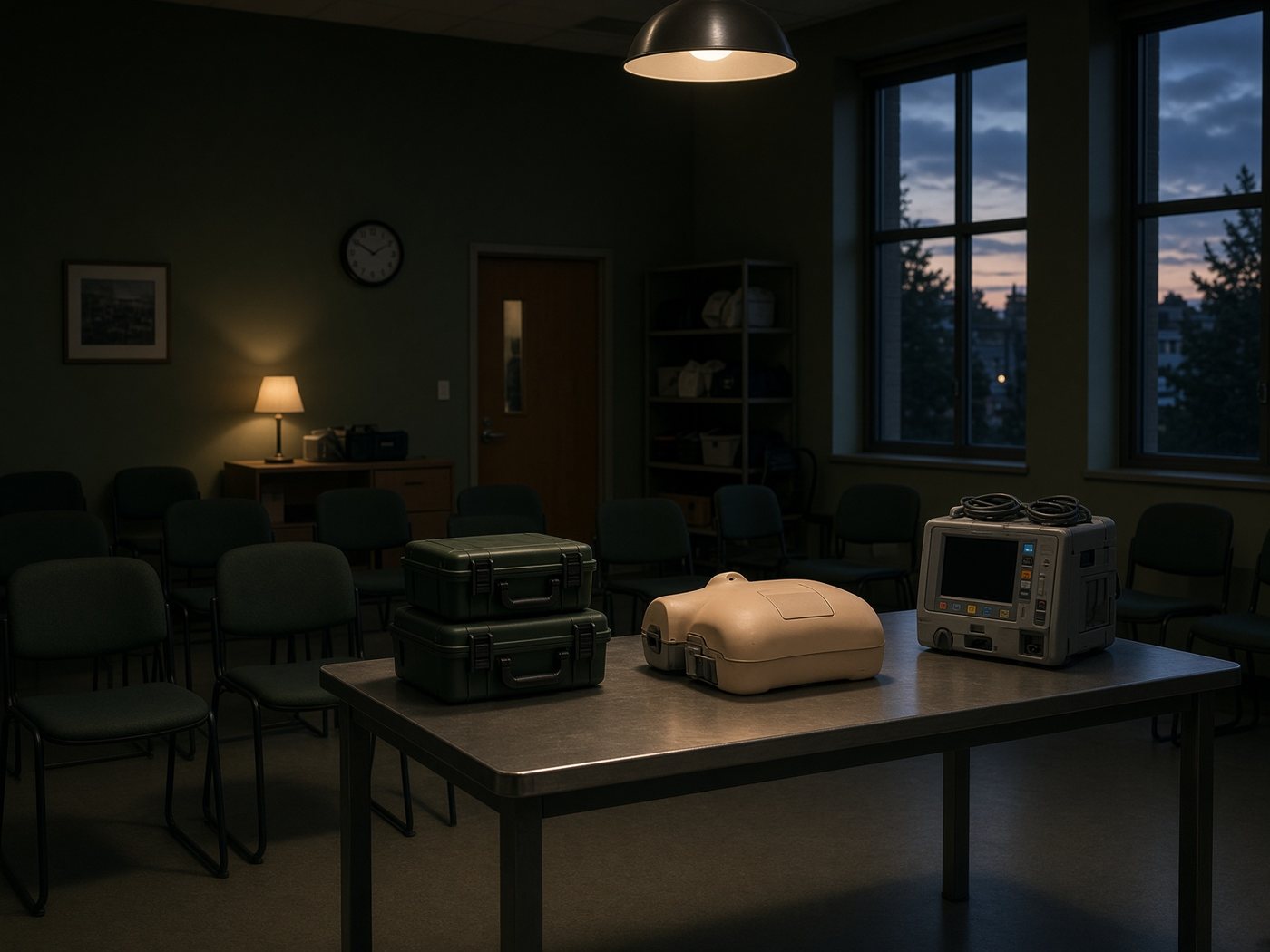 EMS training classroom with a CPR manikin and defibrillator trainer